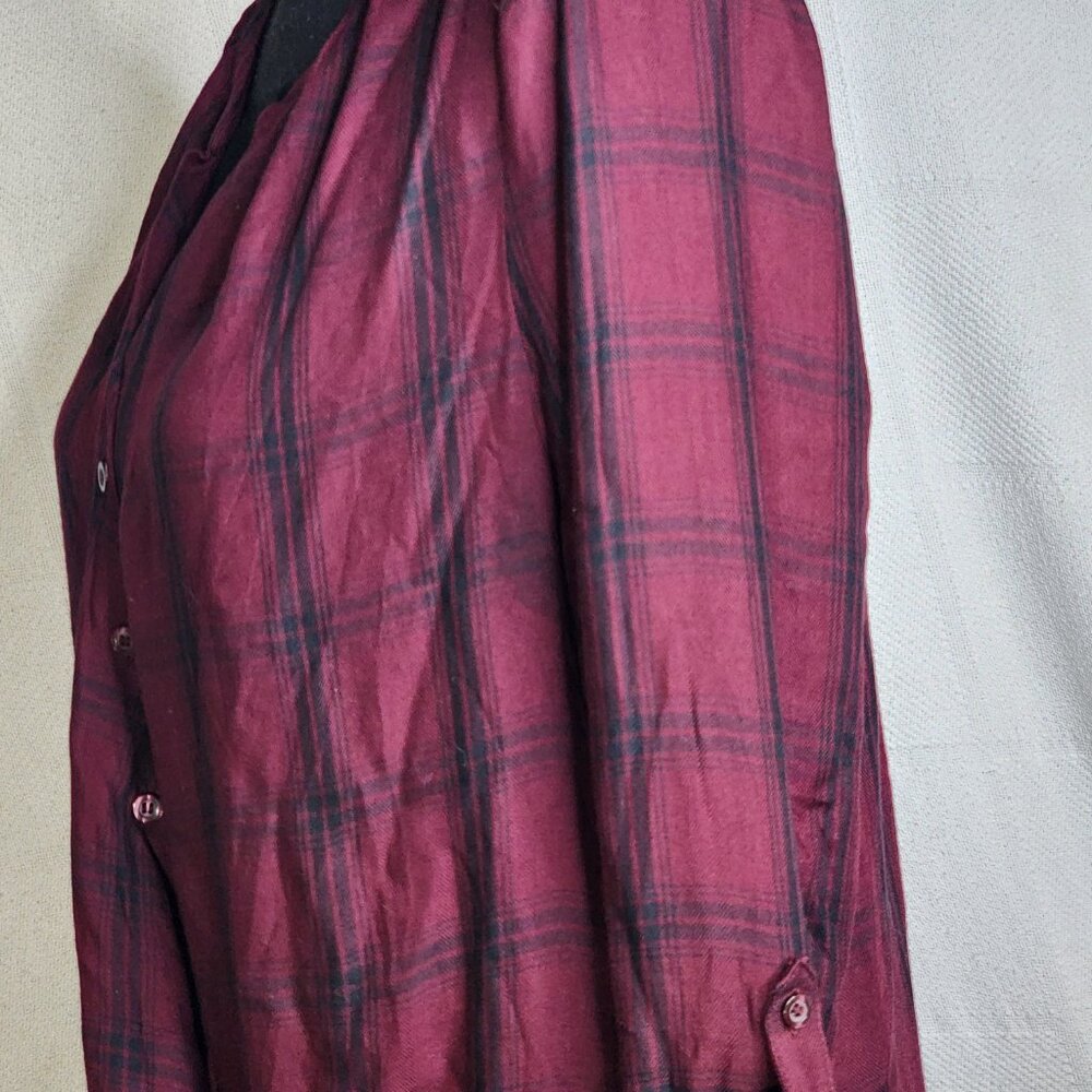 A.N.A. A New Approach Wine Black Plaid Long Tab Sleeve Button Up Faux Wrap Top S - Picture 11 of 16